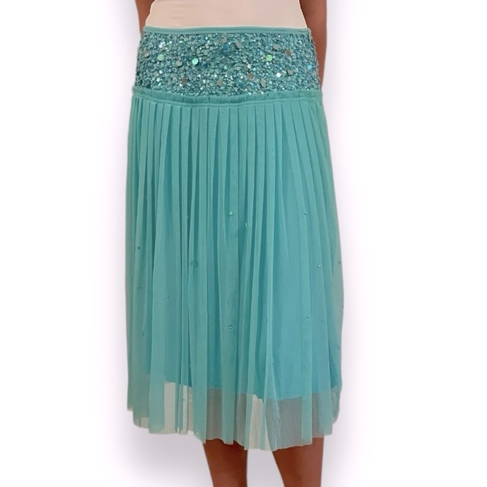 2000’s Fairycore Mermaidcore aqua midi skirt pleated mesh overlay beaded sequin